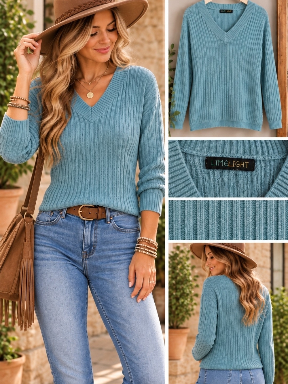 LIMELIGHT Dusty Teal Ribbed V-Neck Sweater Soft Knit Boho Casual S